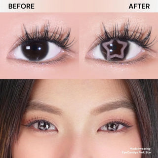 Close-up comparison: top shows one natural iris and one EyeCandys Black Star contact, while bottom displays both eyes wearing EyeCandys Pink Star lenses for a doll-eye look.
