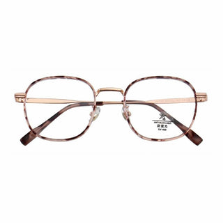 Front view of EyeCandys Stunner Square glasses, showcasing gold metal frames with round, slightly squared tortoiseshell rims. Clear lenses feature an anti-blue light and UV protection sticker on the right lens.