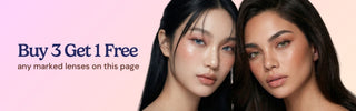 Promotional image showing two models with EyeCandys grey and hazel contact lenses advertising Buy 3 Get 1 Free sale