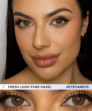 A female model with natural dark eyes wearing Pink Label Fresh Look Pure Hazel contact lenses, complemented by subtle eyeshadow and redlipstick and Close-up image showcases the model's eyes adorned with the same hazel contact lenses