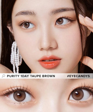 A close-up features a woman with long dark hair, pearl earrings, and light orange lipstick wearing Olola Purity Shine 1-Day Taupe Brown (10pk) color contact lenses by Olola, highlighting the natural taupe brown shade and lens details for myopia.