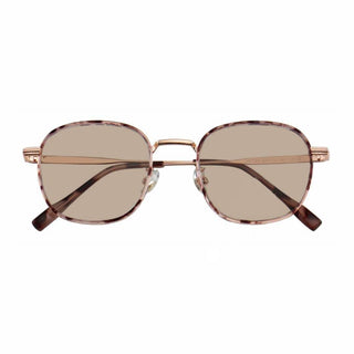 The EyeCandys Stunner Square sunglasses feature light brown, square lenses and a thin gold metal frame with tortoiseshell-patterned arms—stylish fashion glasses to elevate any look.