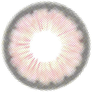 A circular pattern of small dots fades from black to pink and white toward the center, resembling a stylized donut and evoking the look of EyeCandys Pink Label Angel Pink contact lenses.