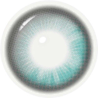 A close-up of i-Girl One Pick Becca Matcha Blue contacts by i-Girl, showing a gradient teal-blue ring, black outer edge, clear pupil center, and a dotted halftone pattern for a natural look.