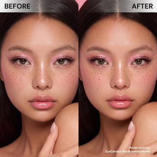 Side-by-side close-up of a woman's face labeled "Before" and "After." In the "After," her irises are lighter, golden brown with EyeCandys Pink Label Marshmallow Brown contacts, paired with soft pink makeup and glossy lips for a natural look.