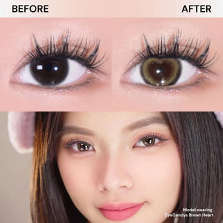 Close-up of an eye before and after wearing EyeCandys Brown Heart contact lenses by EyeCandys; below, a portrait showcases enhanced eyes featuring a unique heart-shaped pupil effect.
