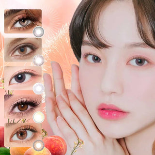 A woman with flawless skin and pink lips poses with her hands near her face. To the left, five close-ups display EyeCandys Peach Fuzz Bundle (5 Pairs) colored contact lenses against a peach-toned background.