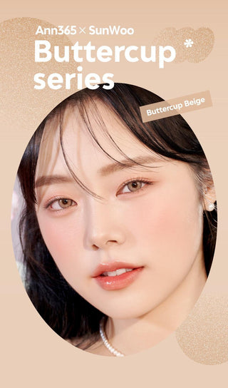 A close-up of a model demonstrating a natural makeup look with Ann365 Buttercup Beige circle colour contacts, highlighting how well the contact lenses blend with her dark eyes.