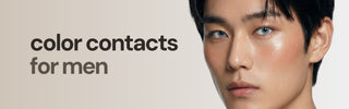 Male model wearing EyeCandys Dare To Be Blue prescription colored contacts for men, subtle natural eye enhancement, close-up face portrait