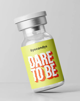 EyeCandys Dare to Be contact lens glass vial bottle – sleek glass vial packaging for color contact lenses and prescription colored contact lenses