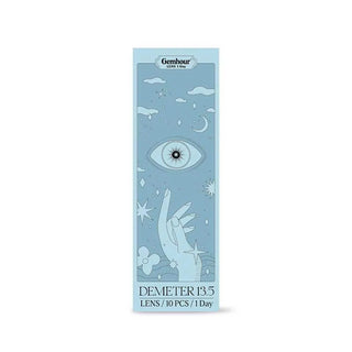 A blue box labeled “Gemhour Demeter 1-Day 13.0 Ocean Blue (10pk)” shows a hand reaching for an eye, with stars and clouds—showcasing Gemhour’s daily disposable Demeter Ocean Blue color contacts.