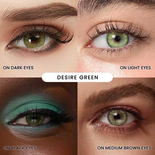 Assortment of EyeCandys desire lush green contact lenses on various iris colors and skintones. Clockwise (from the upper right): Innocent white grey contact lens a dark eye with smoky eye makeup, a light eye with curled lashes, a black eye with bold turquoise eyeshadow and a medium brown eye with rose gold makeup.