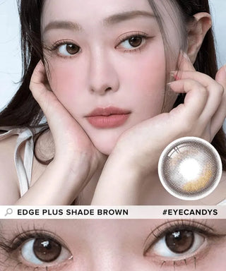 Model showcasing the natural look using i-Sha Oriana Edge Plus 1-Day Shade Brown (10pk) prescription colored contact lenses, above a closeup of a pair of eyes enhanced and widened by the circle lenses.