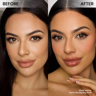 Side-by-side photos show a woman before and after wearing EyeCandys Pink Label Big Ring Brown lenses. Her brown eyes look lighter, more defined, and subtly doll-like with these enlarging contacts. Text notes she's wearing EyeCandys Pink Label Big Ring Brown.