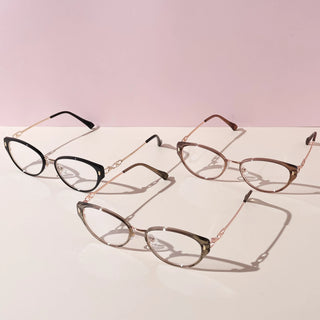 Eyecandys Bonbon Prescription Reading Glasses in Black Gold, Tortoiseshell, and Brown frames with Blue Light Blocking, Zeiss HMC lenses, Photochromic UV Responsive (Transition), and Polarized Sunglasses for clear vision and comfort