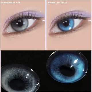 Dark eyes before and after with Eyecandys Bunnie Jelly Blue and Milky Ash Grey prescription colored contact lenses, macro shot view
