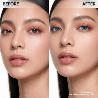 Model before and after wearing EyeCandys Bunnie Jelly Blue prescription colored contact lenses - natural makeup, vibrant blue eye transformation, comfortable daily wear, trendy cosmetic lenses for natural enhancement