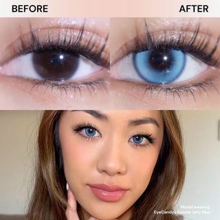 Close-up of eye with long lashes before and after wearing EyeCandys Bunnie Jelly Blue colored contact lens, showing soft blue tint, natural iris enhancement, subtle enlargement, and luminous effect.