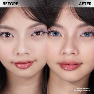Before-and-after comparison of model’s face wearing EyeCandys Doe Blue colored contact lenses – natural look vs airy blue lenses with subtle iris enlargement, brightening effect, and sparkling, doll-eyed appearance.