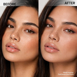 Model before and after wearing EyeCandys Doe Golden Brown prescription colored contact lenses - natural makeup, warm golden brown eye transformation, comfortable daily wear, trendy cosmetic lenses for natural enhancement