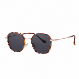 The EyeCandys Farrow Round sunglasses feature tortoiseshell frames, square dark-tinted lenses, and slim gold metal arms inspired by vintage round glasses, displayed on a white background.