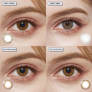 Eyes wearing EyeCandys Flirty Choco, Grey, Honey Brown, and Orange Brown contact lenses – includes close-up of lens designs and natural color effect