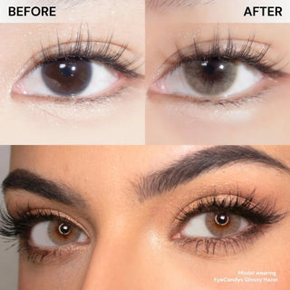 Close-up of eye with long lashes wearing Eyecandys Glossy Hazel colored prescription contact lens, natural-looking, vibrant, comfortable daily wear, popular cosmetic lenses, top trending colored contacts 2025