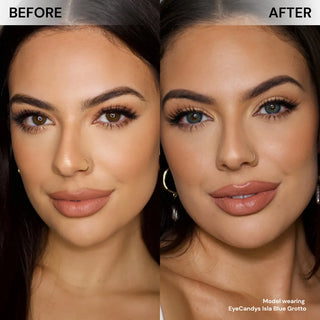 Before and after of model’s face wearing EyeCandys Isla Blue Grotto prescription colored contact lenses, showing vibrant and natural blue eye transformation.