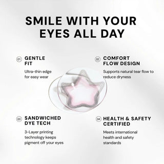 EyeCandys Pink Star by EyeCandys is a pastel pink star contact lens on a white background, featuring Gentle Fit, Comfort Flow Design, Sandwiched Dye Tech, and Health & Safety Certification—ideal for pastel or doll-eye looks.