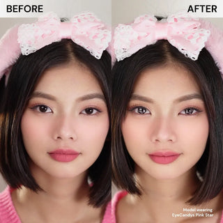 Side-by-side comparison of a woman’s face labeled “Before” and “After.” In the “After” image, her eyes appear larger and brighter, showcasing the effect of wearing EyeCandys Pink Star contact lenses by EyeCandys.