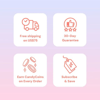 Four icons with text: a delivery truck for "Free shipping on US$75," thumbs-up for "30-Day Guarantee," coins for "Earn CandyCoins on Every Order," price tag for "Subscribe & Save." Enjoy these perks with EyeCandys Pink Star contacts. Light pink and purple background.