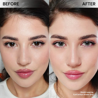 EyeCandys Shade Grey prescription colored contact lenses before-and-after on model’s face, creating a bold yet realistic grey eye effect
