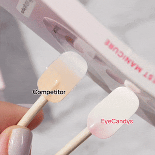 Comparison of nails with competitor products and EyeCandys Gel Nail Stickers, offering a salon-quality gel-like finish and a harder gel after UV light exposure for durable, long-lasting manicures