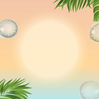 Tropical background with green palm leaves in the corners, iridescent bubbles, and a soft gradient sunset sky in shades of orange, yellow, and blue. The center is left empty for text or design.