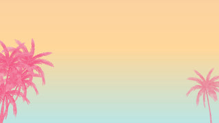 Pink palm trees are set against a pastel gradient background fading from peach at the top to light blue at the bottom, with most trees on the left side and one smaller palm on the lower right.