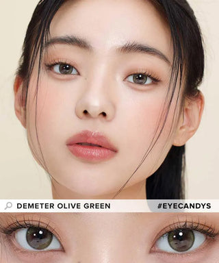 A close-up shows a woman with smooth skin, natural makeup, and Gemhour Demeter 1-Day 13.5 Olive Green contacts. Below, a cropped image highlights the lens color with text: “Gemhour Demeter Olive Green” and “#EYECANDYS.”.