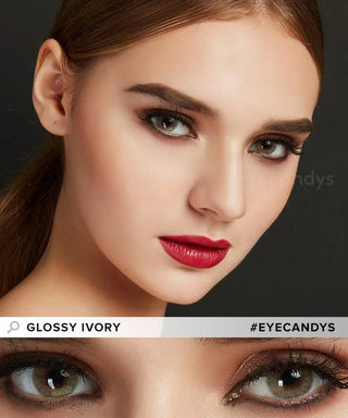 Female model wearing Glossy Ivory light brown contact lenses on her natural dark eyes, paired with smoky dark brown eyeshadow and wispy lashes, on top of a close-up of her eyes wearing the same brown contact lenses.