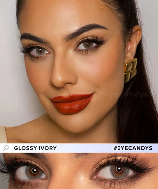 Model wearing EyeCandys Glossy Ivory Prescription Colored Contact Lens, showcasing the unique design and vibrant color. Shop for comfortable, stylish, and high-quality prescription colored contact lenses for a bold eye transformation