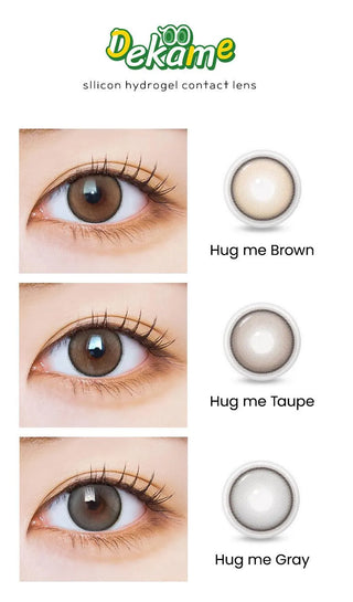 Model showcasing the natural look using i-Sha Dekame Hug Me Brown prescription colored contact lenses, above a closeup of a pair of eyes enhanced and widened by the circle lenses.