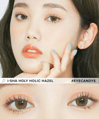 Model showcasing the natural look using i-Sha Holy Holic Hazel prescription colored contact lenses, above a closeup of a pair of eyes enhanced and widened by the circle lenses.