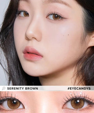 Model showcasing the natural look using i-Sha Serenity Brown prescription colored contact lenses, above a closeup of a pair of eyes enhanced and widened by the circle lenses.