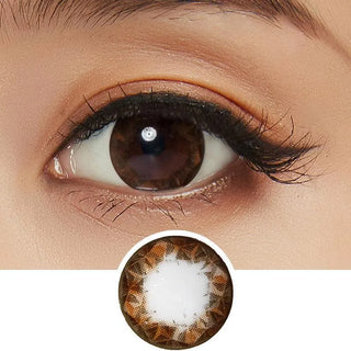 A close-up of a brown eye wearing NEO Vision Ruby Queen Brown (Custom Toric for Astigmatism) contacts, with a circular inset below showing a detailed view of these NEO Vision prescription colored lenses featuring a light center.