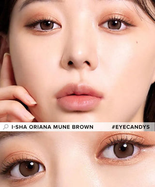 Model showcasing the natural look using i-Sha Oriana Mune Brown prescription colored contact lenses, above a closeup of a pair of eyes enhanced and widened by the circle lenses.