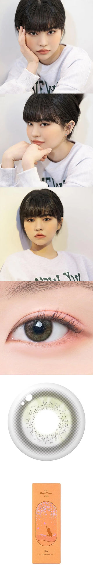 Variety of DooNoon Jinju Shell 1-Day Olive (10pk) contact lens colors displayed, with closeups of an eye wearing the contact lens colors, and with a model wearing the contact lens colors showing realistic eye-enlarging effect from various angles.