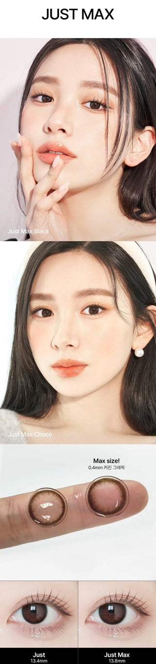 A close-up of a model demonstrating a natural makeup look with Ann365 JUST MAX Black circle colour contacts, highlighting how well the contact lenses blend with her dark eyes.