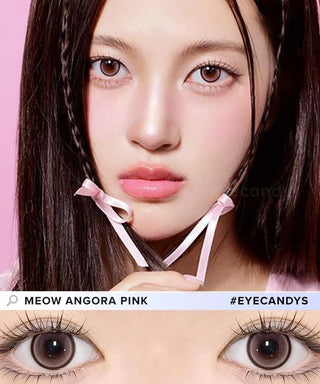 A woman with long dark hair holds braided strands tied with pink ribbons. Below, her eyes are shown close-up wearing Olola Meow Natural Angora Pink contacts by Olola for a cute, playful look with soft pink makeup.