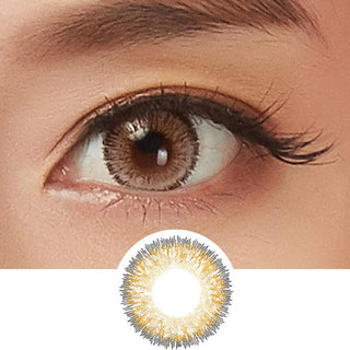A close-up of a brown eye with long lashes wears NEO Vision Glamour Brown (Custom Toric for Astigmatism) lenses. Below is a detailed image of the lens, displaying a stunning brown and gold radial pattern by NEO Vision.