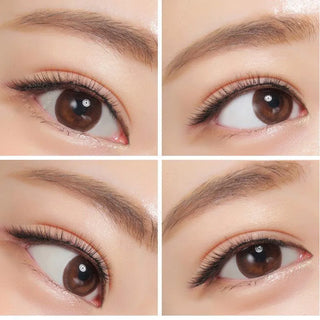 A collage of four close-ups shows brown eyes with long lashes and neat brows, enhanced by NEO Vision Dali Chocolate Brown lenses for a soft Korean makeup look, viewed from various angles.