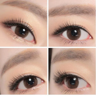 A collage of four close-up images showcases brown eyes with long, thick lashes and natural makeup while wearing NEO Vision Monet Brown (Custom Toric for Astigmatism) lenses, each photo highlighting different eye angles.