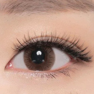 A close-up of a brown eye wearing NEO Vision Monet Brown (Custom Toric for Astigmatism) lenses, highlighted by long curled lashes and soft, natural makeup on the eyelid and lower lash line.